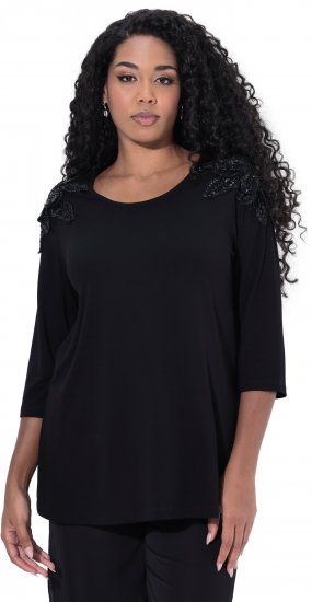 Ulla Popken Flower Epaulet 3/4 Sleeve Top Black - T-shirts estampadas para mulher - 