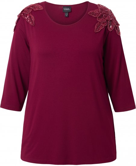 Ulla Popken Flower Epaulet 3/4 Sleeve Top Dark Cherry Red - T-shirts estampadas para mulher - 