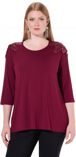 Ulla Popken Flower Epaulet 3/4 Sleeve Top Dark Cherry Red - T-shirts estampadas para mulher - 