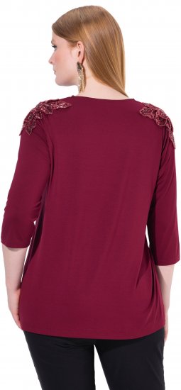 Ulla Popken Flower Epaulet 3/4 Sleeve Top Dark Cherry Red - T-shirts estampadas para mulher - 
