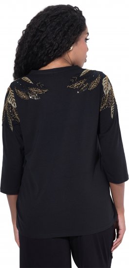 Ulla Popken Feather Beadwork 3/4 Sleeve Top Black - T-shirts estampadas para mulher - 