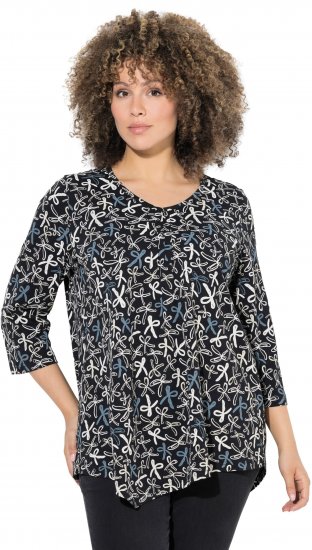Ulla Popken Ribbon Print 3/4 Sleeve Asymmetric Tee Black - T-shirts estampadas para mulher - 