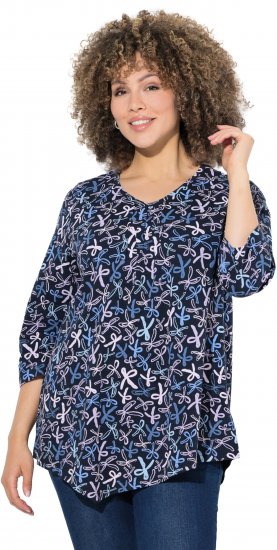 Ulla Popken Ribbon Print 3/4 Sleeve Asymmetric Tee Navy - T-shirts estampadas para mulher - 
