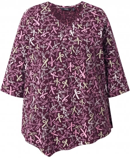 Ulla Popken Ribbon Print 3/4 Sleeve Asymmetric Tee Plum - T-shirts estampadas para mulher - 