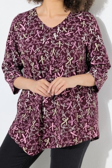 Ulla Popken Ribbon Print 3/4 Sleeve Asymmetric Tee Plum - T-shirts estampadas para mulher - T-shirts Estampadas para Mulher