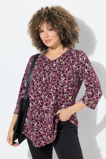 Ulla Popken Ribbon Print 3/4 Sleeve Asymmetric Tee Plum - T-shirts estampadas para mulher - T-shirts Estampadas para Mulher
