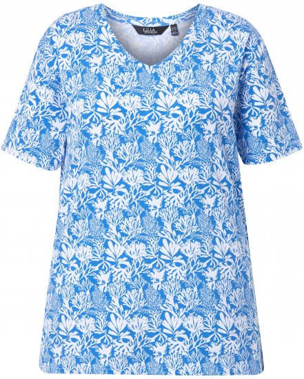Ulla Popken Coral Reef Printed Short Sleeve V-Neck Tee Teal Blue - T-shirts estampadas para mulher - 
