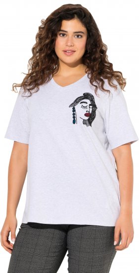 Ulla Popken Embroidered Face Motif Short Sleeve V-Neck Tee Light Grey Melange - T-shirts estampadas para mulher - 
