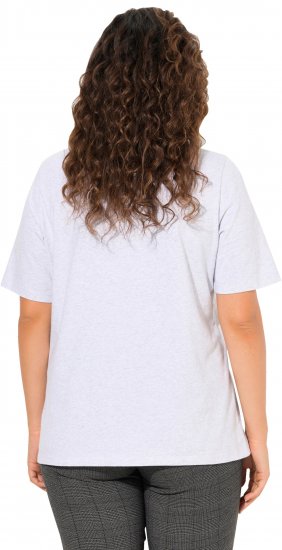 Ulla Popken Embroidered Face Motif Short Sleeve V-Neck Tee Light Grey Melange - T-shirts estampadas para mulher - 