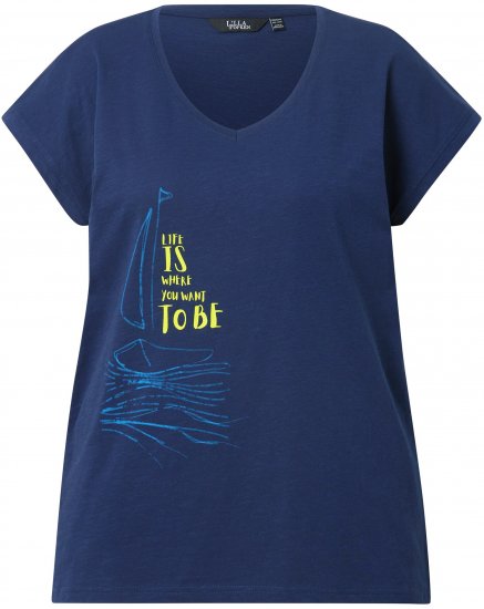 Ulla Popken Half-Sleeve A-line V-Neck Boat Pattern T-Shirt Ink Blue - T-shirts estampadas para mulher - 