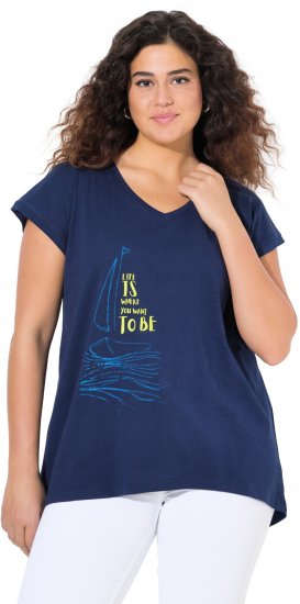 Ulla Popken Half-Sleeve A-line V-Neck Boat Pattern T-Shirt Ink Blue - T-shirts estampadas para mulher - 