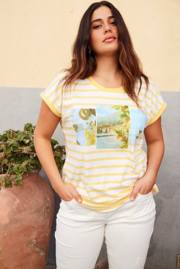 Ulla Popken Striped Short Sleeve Citrus Graphic Tee Sun Yellow - T-shirts estampadas para mulher - 