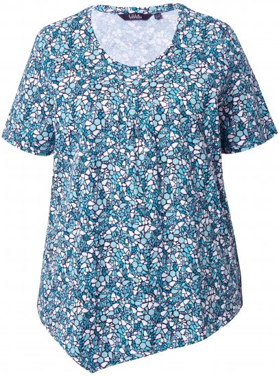 Ulla Popken Floral Pointed Hem Short Sleeve Tee Deep Aqua - T-shirts estampadas para mulher - 