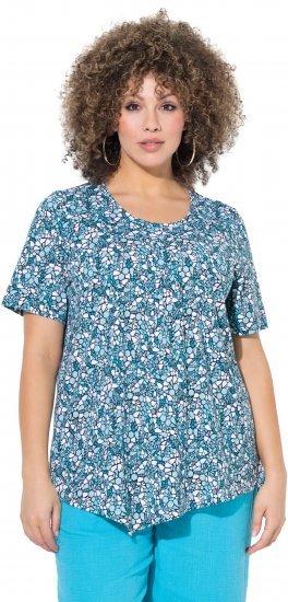 Ulla Popken Floral Pointed Hem Short Sleeve Tee Deep Aqua - T-shirts estampadas para mulher - 