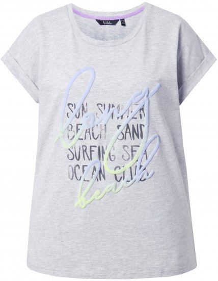 Ulla Popken Long Beach Lettering Cap Sleeve Tee Light Grey Melange - T-shirts estampadas para mulher - 