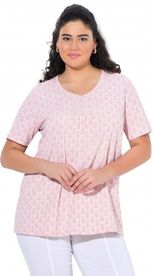 Ulla Popken Cactus Print Short Sleeve V-Neck Tee Pink - T-shirts estampadas para mulher - 