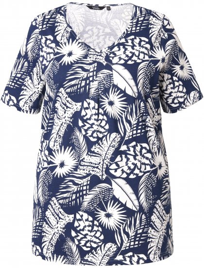 Ulla Popken Feather Print Short Sleeve V-Neck Tee Ink Blue - T-shirts estampadas para mulher - 