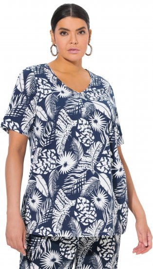 Ulla Popken Feather Print Short Sleeve V-Neck Tee Ink Blue - T-shirts estampadas para mulher - 