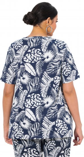 Ulla Popken Feather Print Short Sleeve V-Neck Tee Ink Blue - T-shirts estampadas para mulher - 