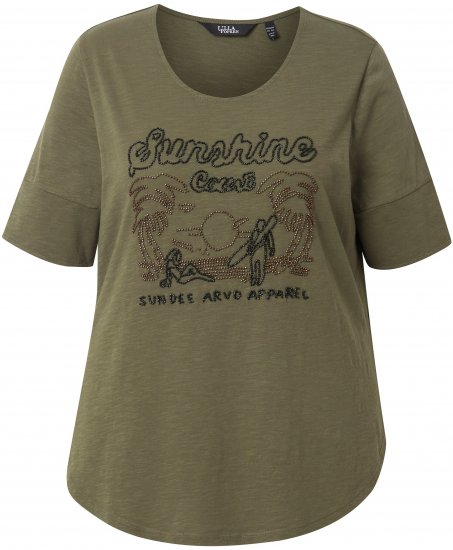 Ulla Popken Beaded Short Sleeve Graphic Tee Olive - T-shirts estampadas para mulher - 