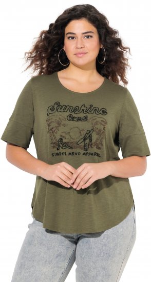 Ulla Popken Beaded Short Sleeve Graphic Tee Olive - T-shirts estampadas para mulher - 