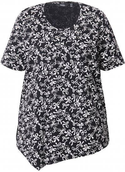 Ulla Popken Bow Print Short Sleeve Pointed Hem Tee Black - T-shirts estampadas para mulher - 