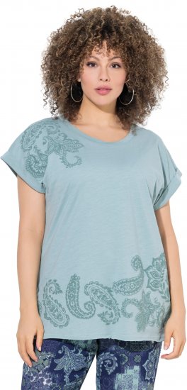 Ulla Popken Textured Paisley Motif Cap Sleeve Tee Light Moss Green - T-shirts estampadas para mulher - 