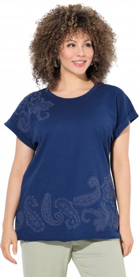 Ulla Popken Textured Paisley Motif Cap Sleeve Tee Navy - T-shirts estampadas para mulher - 
