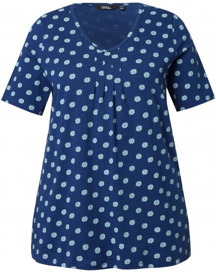 Ulla Popken Tile Print Short Sleeve Pleated Tee Dark Blue - T-shirts estampadas para mulher - 