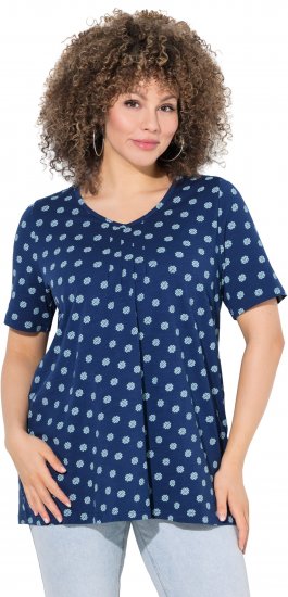 Ulla Popken Tile Print Short Sleeve Pleated Tee Dark Blue - T-shirts estampadas para mulher - 