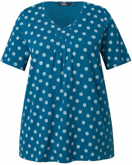 Ulla Popken Tile Print Short Sleeve Pleated Tee Teal - T-shirts estampadas para mulher - 