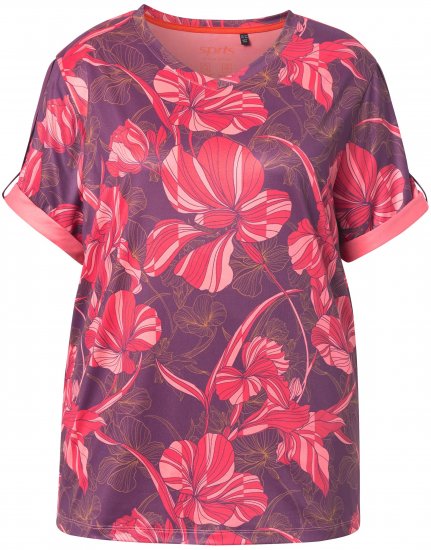 Ulla Popken Quick Drying Flower Print Short Sleeve Tee Dark Cherry - T-shirts estampadas para mulher - 