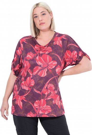 Ulla Popken Quick Drying Flower Print Short Sleeve Tee Dark Cherry - T-shirts estampadas para mulher - 