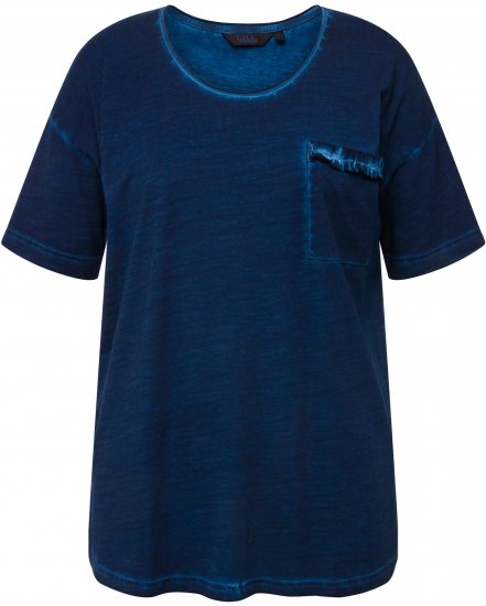 Ulla Popken Cold Dye Ruffle Edge Pocket Tee Dark Blue - T-shirts - 
