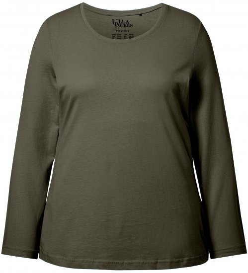 Ulla Popken Basic Round Neck Long Sleeve Slim Fit Cotton Tee Olive - T-shirts - 