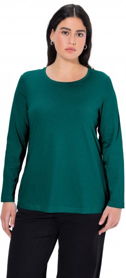 Ulla Popken Basic Round Neck Long Sleeve Slim Fit Cotton Tee Teal Green - T-shirts - 