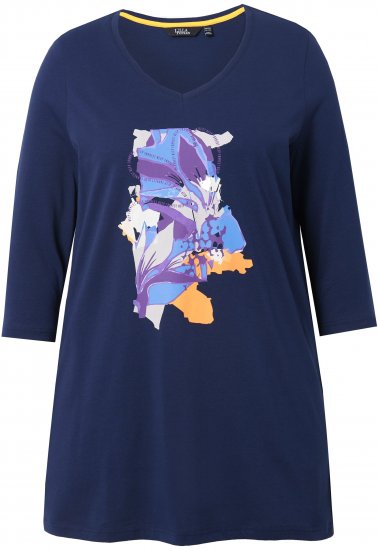 Ulla Popken Floral Motif 3/4 Sleeve Tunic Tee Ink Blue - T-shirts estampadas para mulher - 