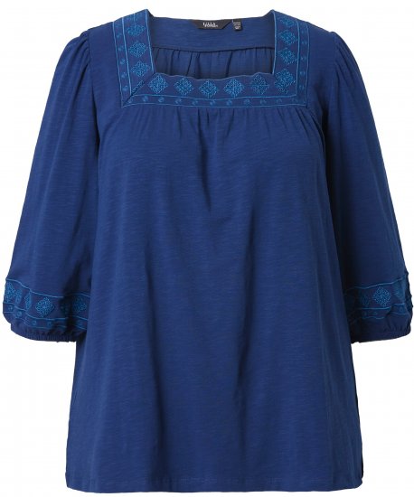Ulla Popken Embroidered Detail 3/4 Sleeve Tee Dark Blue - T-shirts estampadas para mulher - 