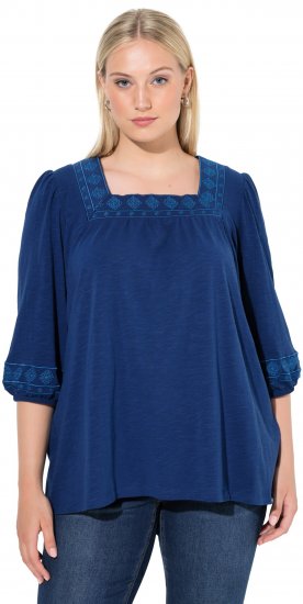 Ulla Popken Embroidered Detail 3/4 Sleeve Tee Dark Blue - T-shirts estampadas para mulher - 