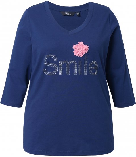 Ulla Popken Smile Rhinestone 3/4 Sleeve Graphic Tee Ink Blue - T-shirts estampadas para mulher - 
