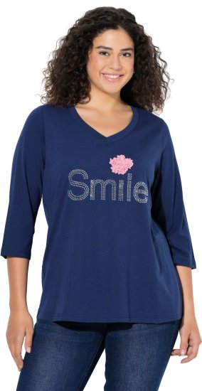 Ulla Popken Smile Rhinestone 3/4 Sleeve Graphic Tee Ink Blue - T-shirts estampadas para mulher - 