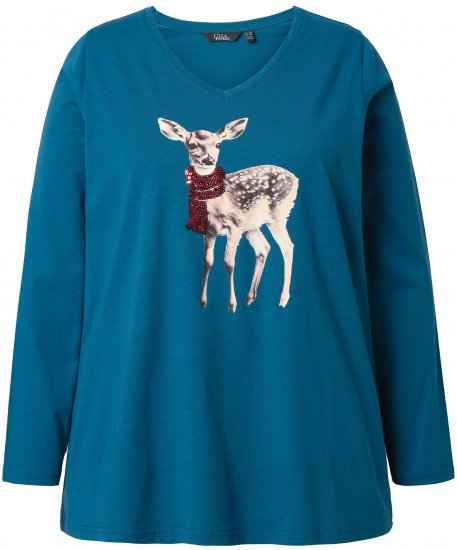 Ulla Popken Fawn Long Sleeve Graphic Tee Teal - T-shirts estampadas para mulher - 