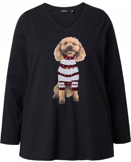 Ulla Popken Sequined Puppy Long Sleeve Graphic Tee Black - T-shirts estampadas para mulher - 