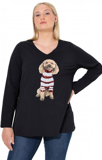 Ulla Popken Sequined Puppy Long Sleeve Graphic Tee Black - T-shirts estampadas para mulher - 