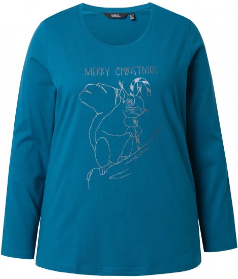 Ulla Popken Holiday Long Sleeve Graphic Tee Teal - T-shirts estampadas para mulher - 