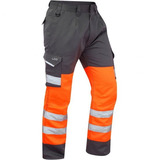 Leo Bideford Ecoviz Poly/Cotton Cargo Trouser Hi-Vis Orange/Grey - Roupa de trabalho - Roupa de Trabalho Tamanho Grande Homem