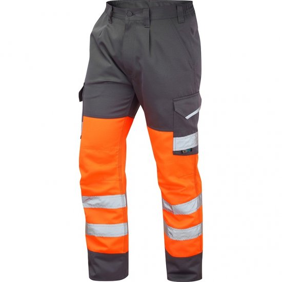 Leo Bideford Ecoviz Poly/Cotton Cargo Trouser Hi-Vis Orange/Grey - Roupa de trabalho - Roupa de Trabalho Tamanho Grande Homem