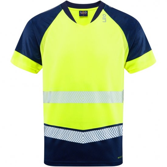 Leo Forda Ecoviz Performance+ Dual Colour T-Shirt Hi-Vis Yellow/Navy Print - Roupa de trabalho - Roupa de Trabalho Tamanho Grande Homem