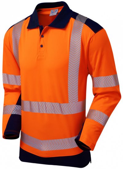 Leo Wringcliff Coolviz Plus L/S Polo Hi-Vis Orange/Navy - Roupa de trabalho - Roupa de Trabalho Tamanho Grande Homem