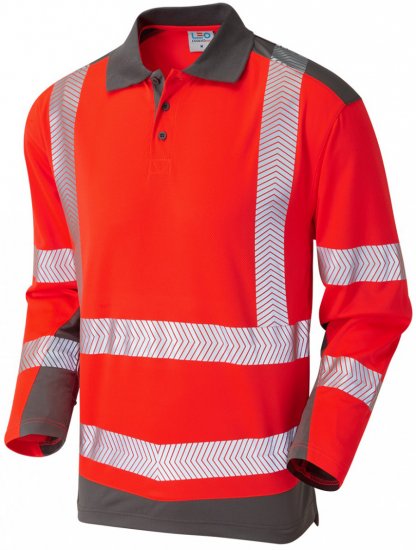 Leo Wringcliff Coolviz Plus L/S Polo Hi-Vis Red/Grey - Roupa de trabalho - Roupa de Trabalho Tamanho Grande Homem